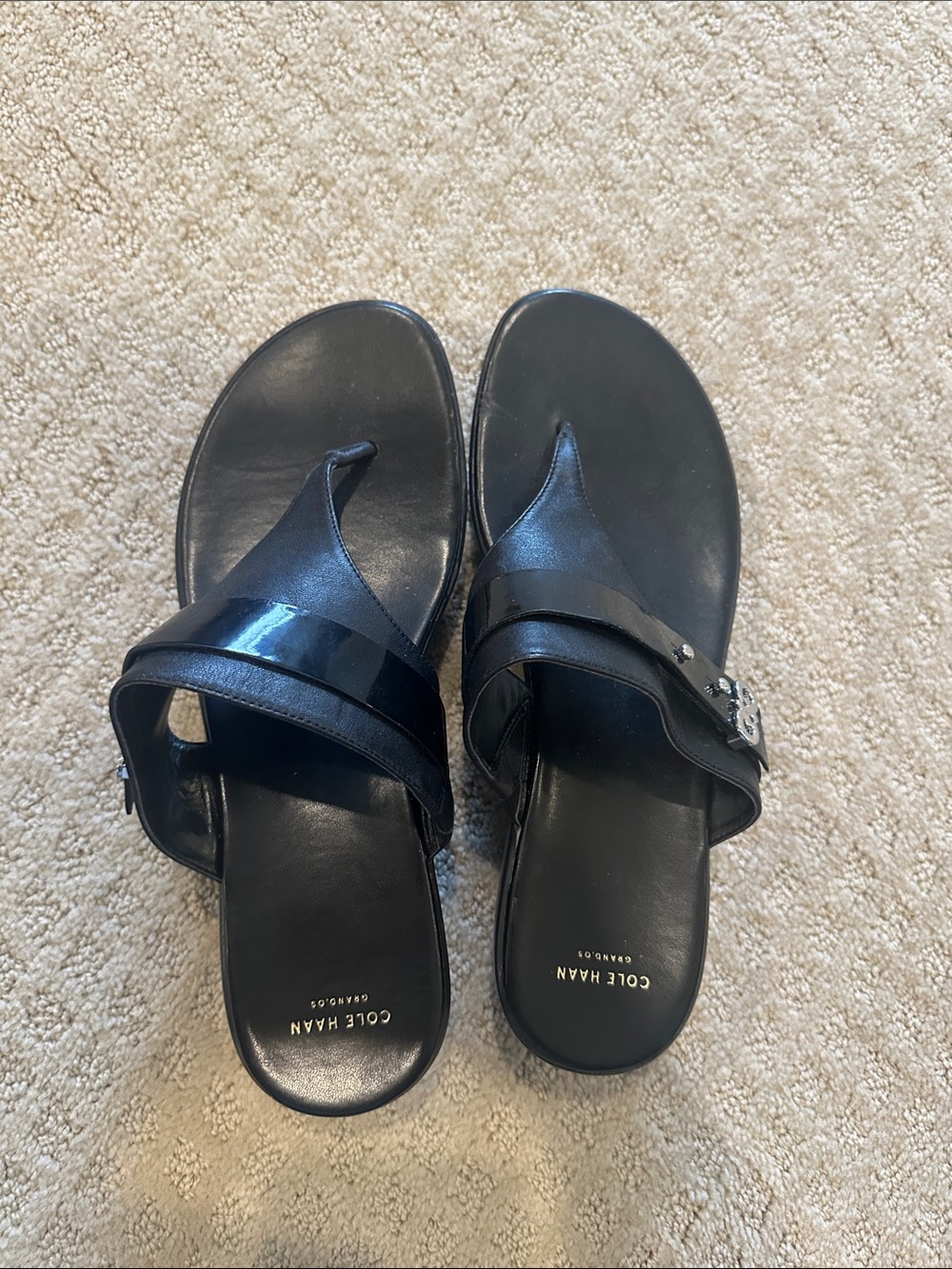 Cole Haan Black Leather Toe-Loop Sandals with Buckle Accent